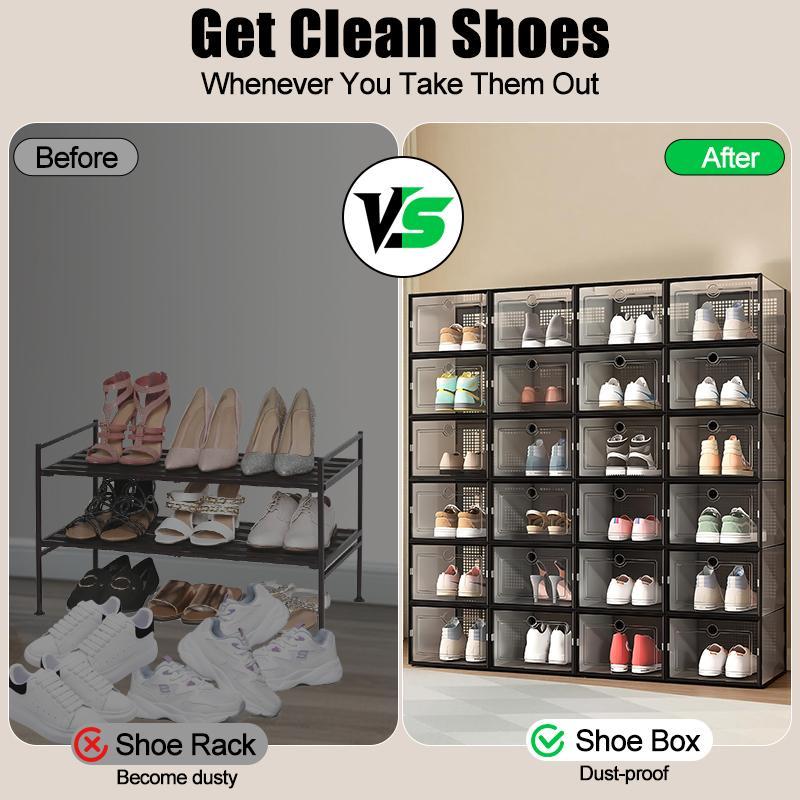 6/12/24 Pack Extra-Large Shoe Storage Organizer for Closet, Modular Space-Saving Shoe Boxes, Clear Plastic Stackable Containers, Display Case Bins with Lids