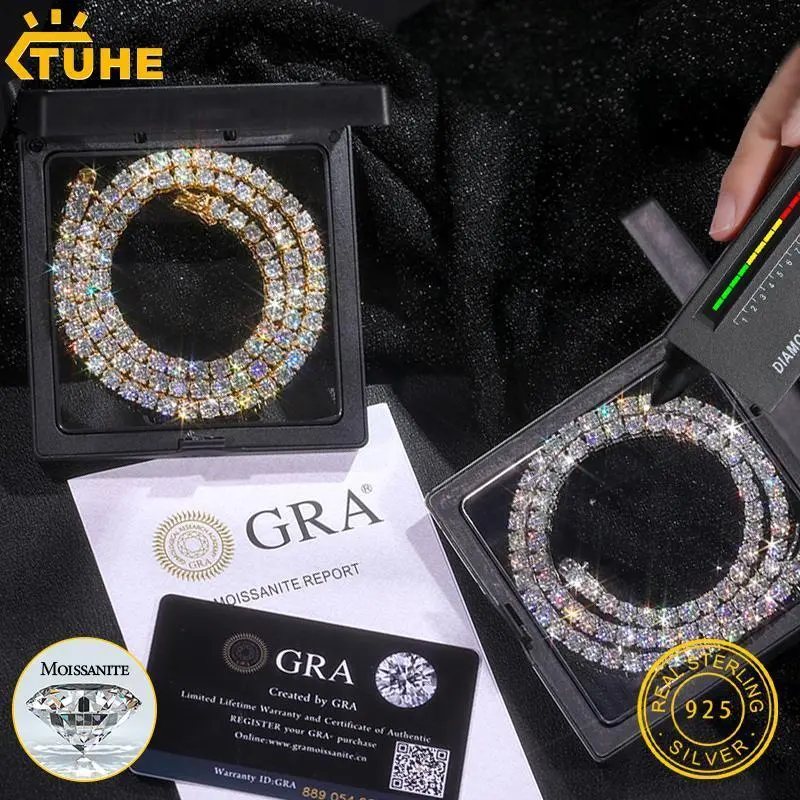 High Quality VVS1 Moissanite Tennis Necklace S925 925 Silvery Plated 925 925 Silvery Plated Moissanite 4mm Necklace Hip Hop Style for Men and Women Perfect Gift for Luxury, Valentine's Day Gift, Party Jewelry