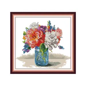 Vase Cross Stitch Kit 166×155 Counted Embroidery DIY Craft Traditional Floral Wall Art for Living Room Holiday Gift Premium Threads Pre-Printed Fabric Needles Easy Instructions