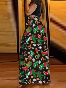 Women's All Over Christmas Print Wide Leg Pants, Casual Comfy Elastic Waist Trousers for Daily Wear, Ladies Bottoms for All Seasons