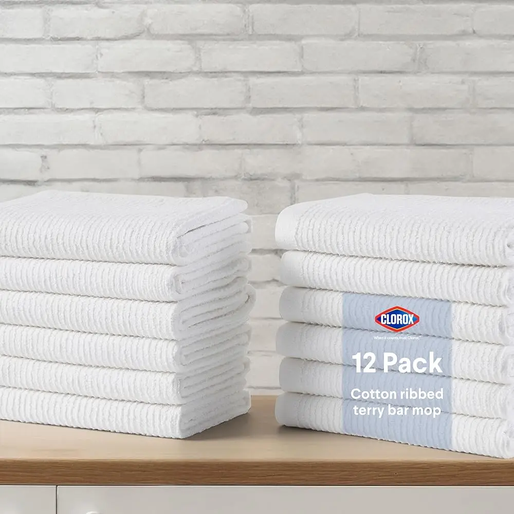 Clorox 100% Cotton Ribbed Dishcloths for Kitchen Bathroom & Restaurant Quick Dry Absorbent Cleaning Cloths 12 Pack 12" x 12" White - Hand