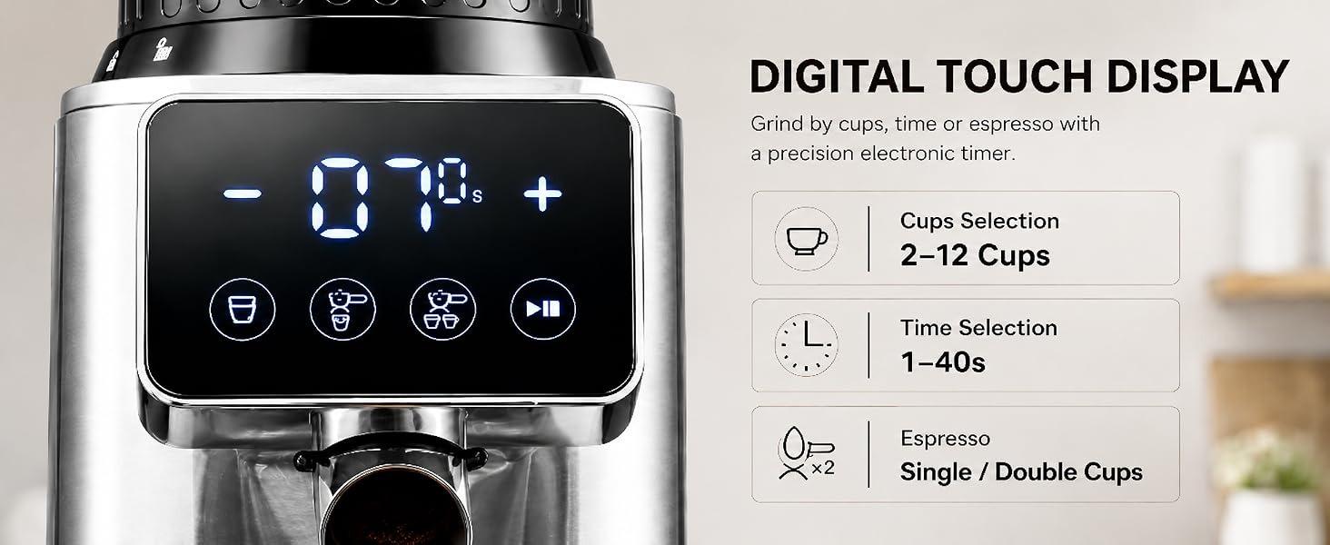 Stainless Steel Conical Burr Coffee Grinder - Anti-Static Burr Mill with Precision Timer, LED Touch Screen, 48 Settings, Grinding Control for Espresso, Pour Over, Cold Brew (Metallic Silver)