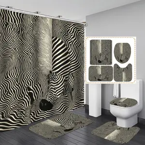1/3/4PCS Abstract styled zebra pattern in black and white Shower Curtain Set with Rugs, Non Slip Bath Mat, U-Shape Carpet, Toilet Lid Cover, Polyester Fabric Bathtub Curtain Accessories, 12 Hooks, Home Bathroom Festival Decor