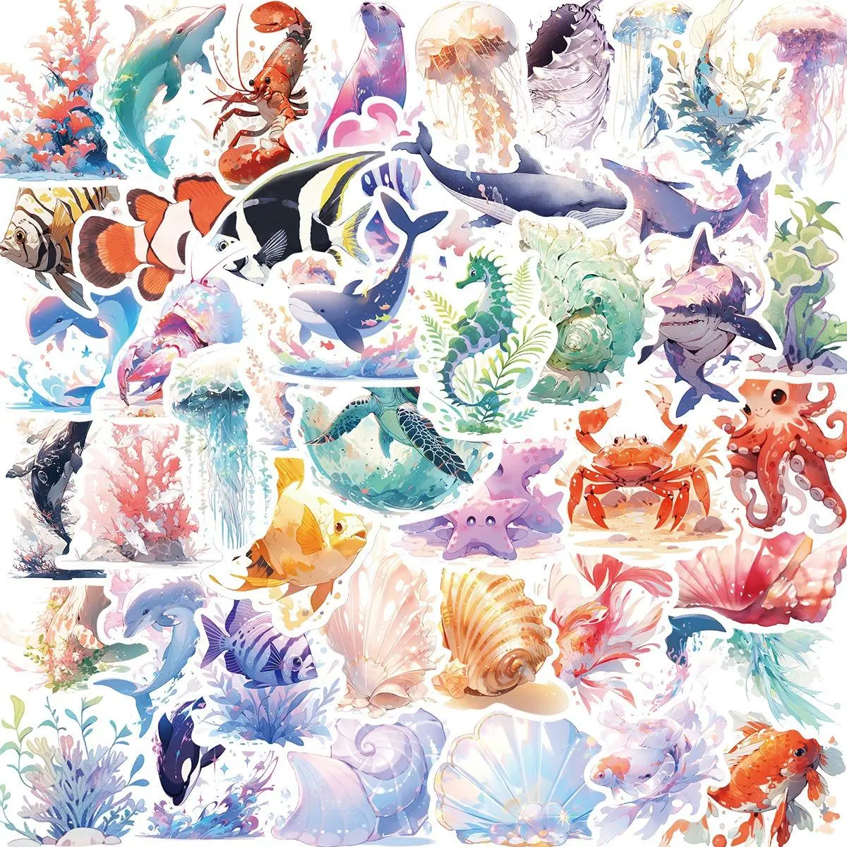 50pcs Cartoon Marine Animal Series Graffiti Stickers, Sticker Set, Waterproof Decorative Stickers, DIY Creative Toy Home Decor Stickers