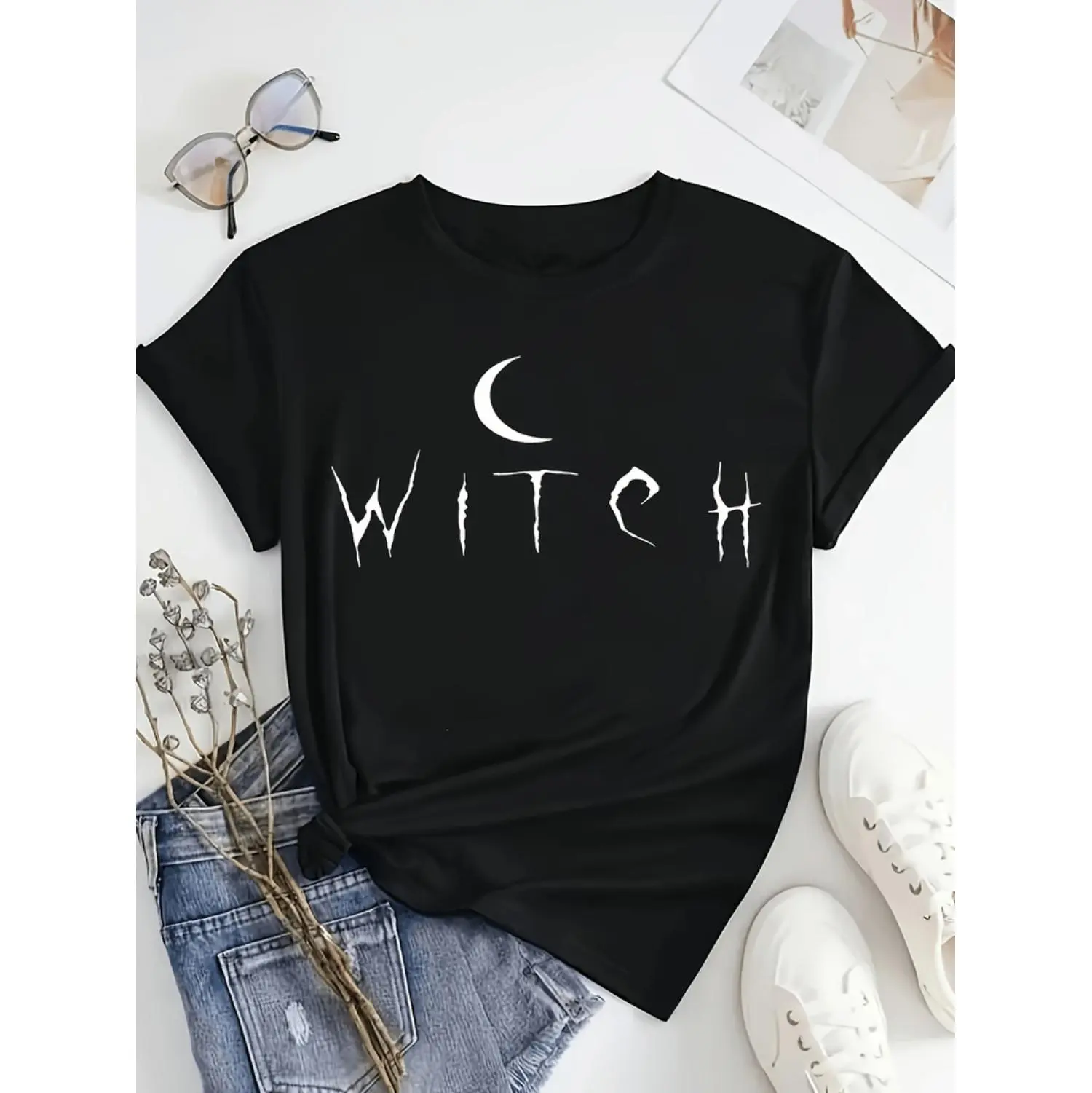 Women's Casual Witch Graphic T-Shirt - 100% Cotton Round Neck Breathable Fabric Streetwear Top with Crescent Moon Short Sleeve for Halloween, Everyday Wear, Tshirt, Crescent Moon Design