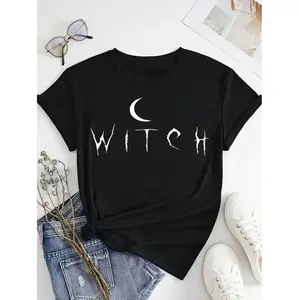 Witch Graphic T-Shirt for Women with Crescent Moon Design Ideal for Halloween Parties and Everyday Wear Crafted with Soft Fabric and Stylish Round Neck