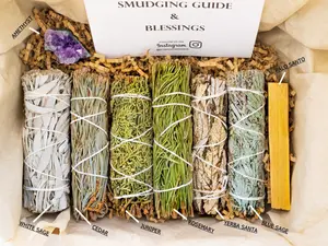 White Sage Smudge Kit set of 10 with Amethyst Cluster, Palo Santo, Smudging Feather, Blue Sage, Cedar, Juniper, Rosemary, Yerba Santa