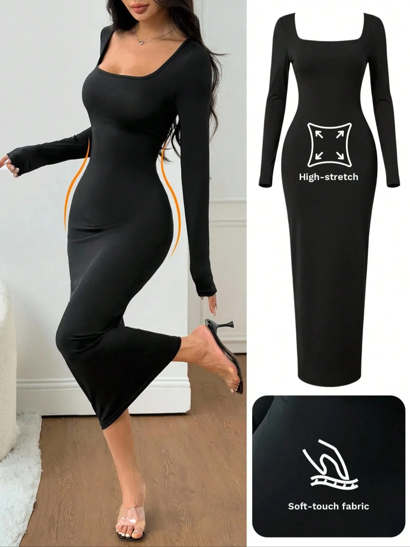 Women's Spring Autumn Basic Knit Fitted Square Neck Long Sleeve Dress, High  Stretch Bodycon Maxi Dress, Casual Fashion, Casual Wear, Womenswear -  TikTok Shop
