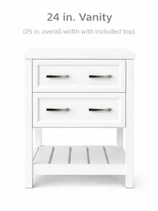 25” White Shaker Vanity w/ Sink Top – False Front + 1 Drawer – Open Shelf – Flat-Pack (24 x 32 x 21 Base + 1” Top)
