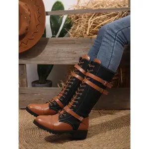Women’s mid-calf boots with buckle design, decorative laces, side zipper, patchwork details, high heels, round toe—fall and winter fashion jean boots