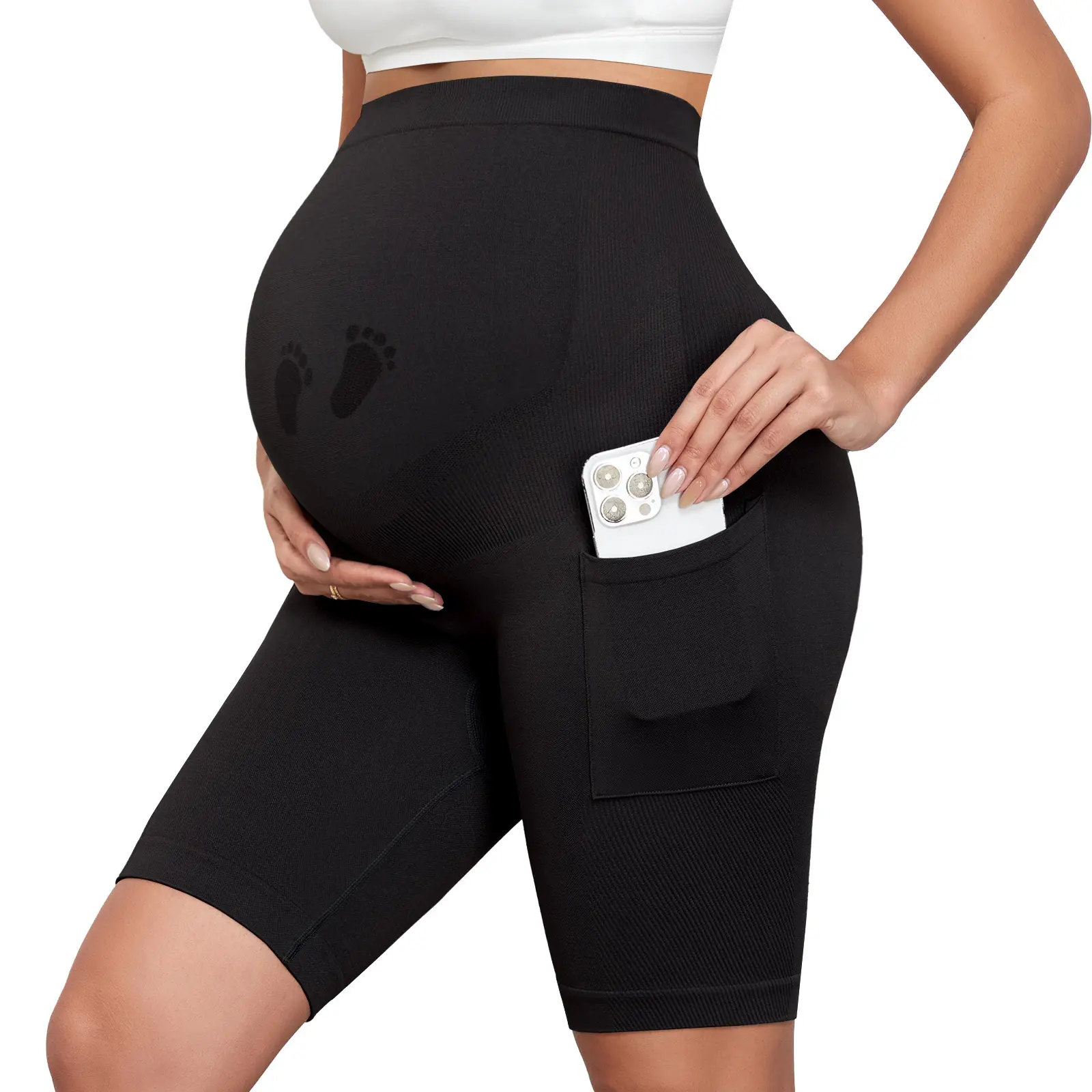 Maternity Biker Shorts with Pockets, 8" Over The Belly Pregnancy Shorts, Seamless High Waist Yoga Workout Shorts for Women