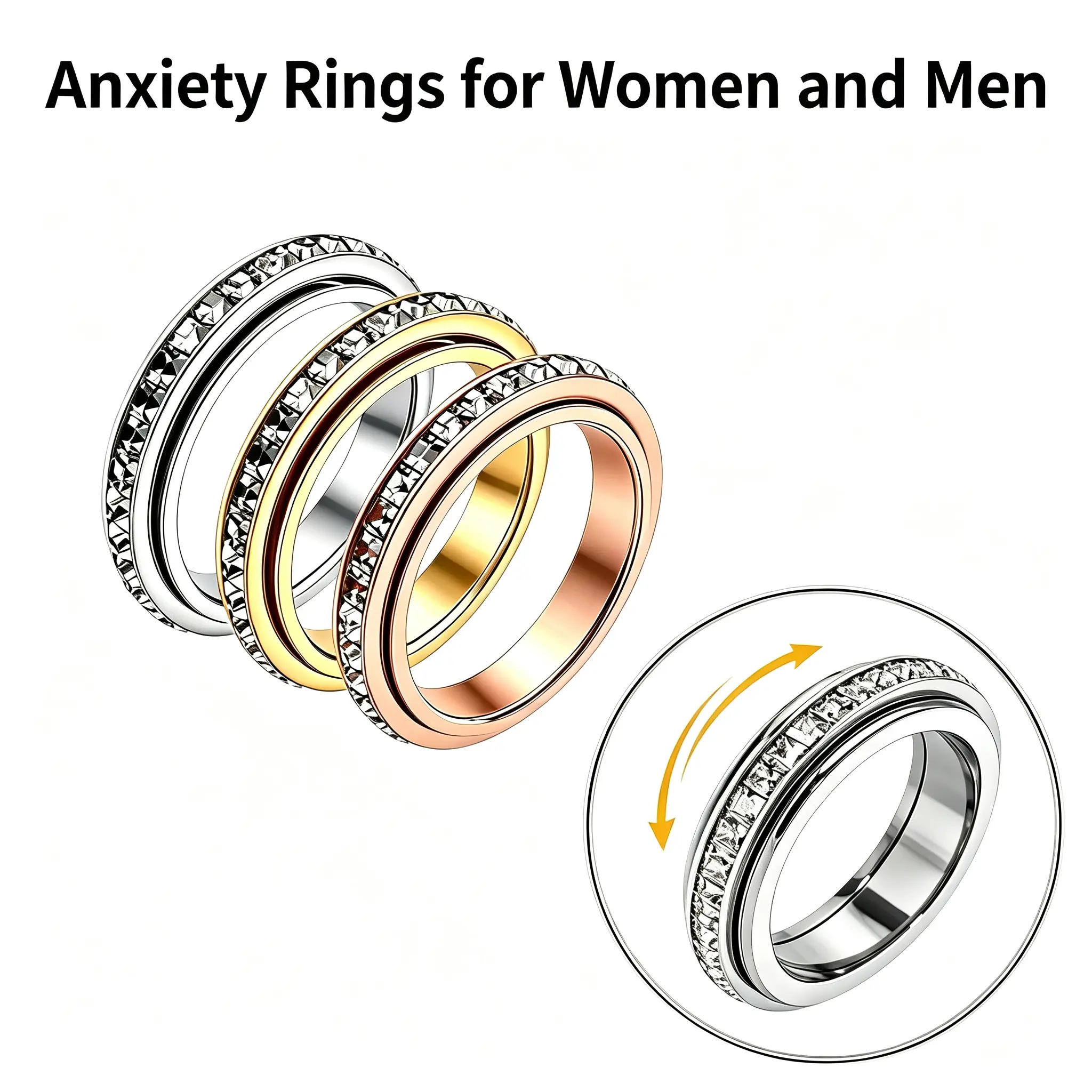 Anxiety Rings for Women and Men, Non-Tarnish Titanium Steel Spinner Fidget Band Rings with Cubic Zirconia for Stress Relief, Size 6 to 9 Unisex Jewelry, Anti Anxiety Jewelry, Stress Relief Jewelry