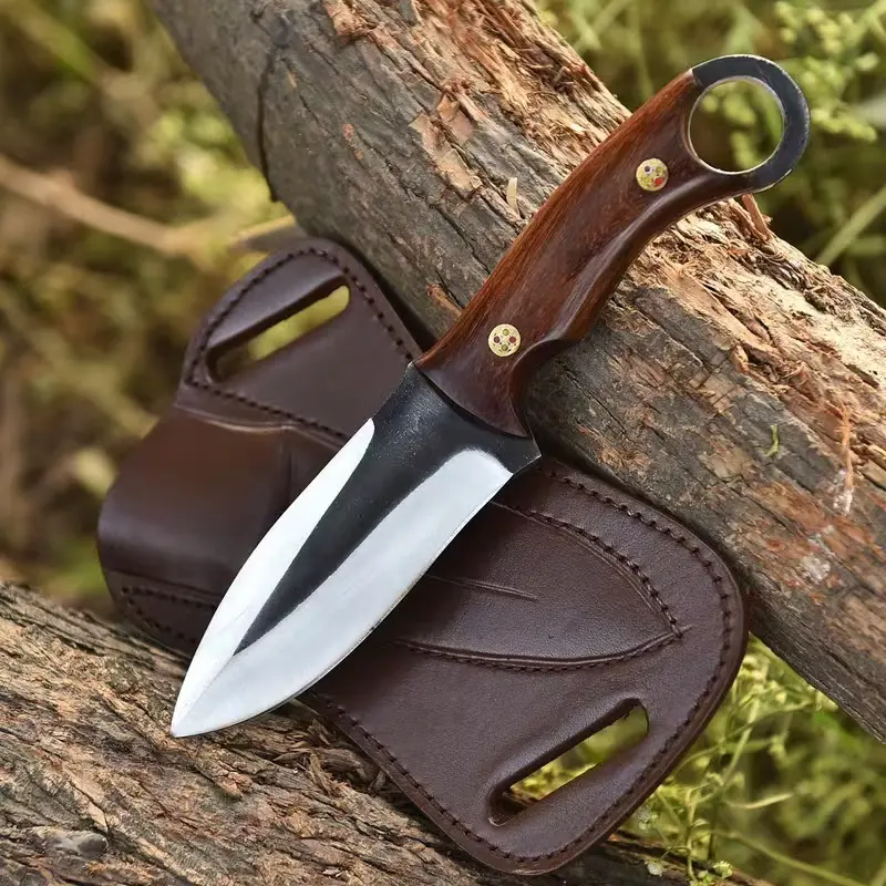 Full Tang Hunting Knife 1075 Carbon Steel Blade & Rose Wood Handle – Blacksmith Made Camping Outdoor Knife with Leather Sheath And Gift Item