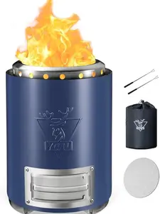 Tabletop Fire Pit with Flame Intensity Control, Low Smoke Camping Stove for Outdoor Patio, Safe Clean Burning Table Top Firepit using Pellets or Wood, Portable Mini Flame Heater for Ambience and Relaxation with Travel Bag and 2 Mini Sticks(9.7x7.1in Blue)