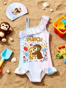 Monkey Punch Graphic Baby Monkey Holding Plush Toy Girls' Cute Cartoon Monkey Swimwear Set, 3-Piece Swimsuit + Shorts + Cap, Spring Summer Fashion, Birthday Gift Essential