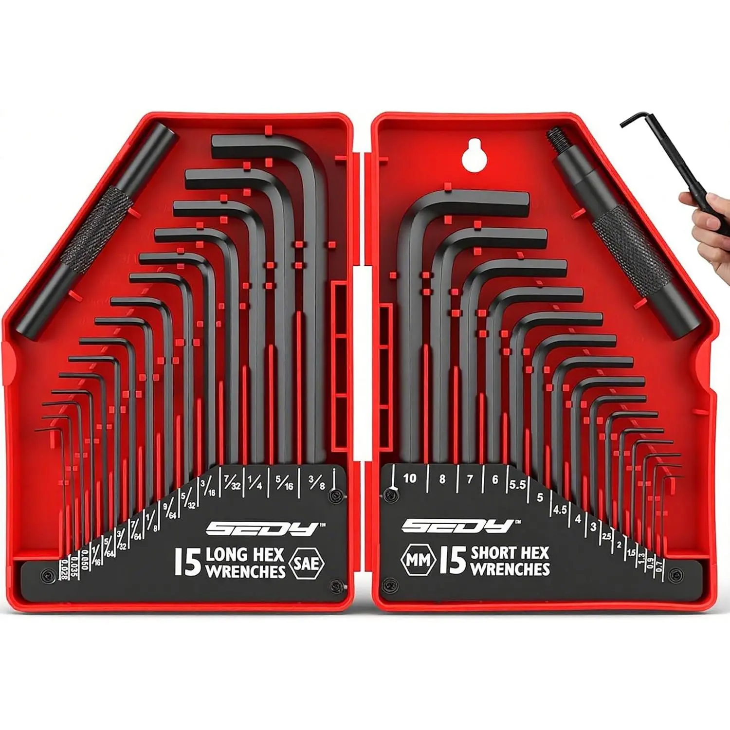 SEDY 32-Piece Hex Key Wrench Set, Metric & SAE Allen Wrenches (0.028-3/8 in, 0.7-10 mm) L-Shape Work Tools, Chrome Vanadium Steel with 2x Extension Handle