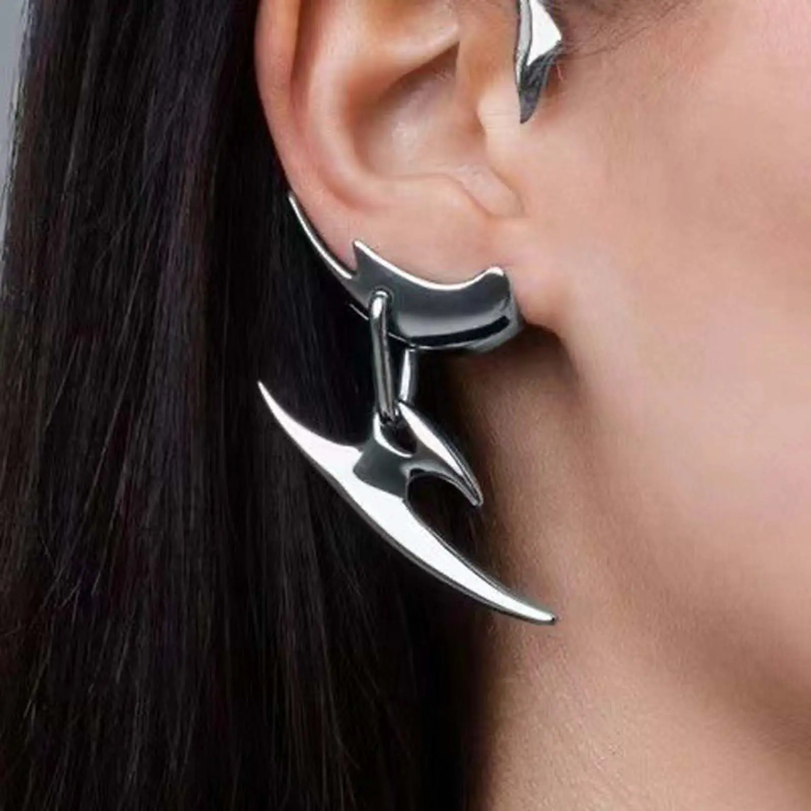 Women's Silver Non-Pierced Ear Cuff - Asymmetrical Irregular Single Clip-On Earring, Metal Jewelry with Artificial Gemstone for Adults' Hip-Hop-Inspired Ensembles