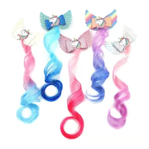 5- Colored Angel Wings Hair Bows with Hair Extensions 5PCS | Unicorn Hair Accessories for Girls Glitter Rainbow Clip In Colored Hair Bows Dress Up Birthday Party Hair Accessories