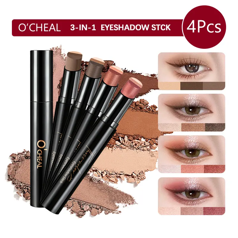 O'CHEAL 4Pcs 3-in-1 Gradient Eyeshadow Stick Set, Cream Eye Shadow Pencil, Matte Shimmer Blendable Long-Lasting Eye Makeup Kit for Women Beginners Daily Cosmetic