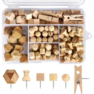 128Pcs Wood Push Pins, Thumb Tacks for Decorative, Wooden Pins and Tacks, Cork Board Thumbtacks, Cute Thumbtack for Wall and Bulletin Board, Map Pins