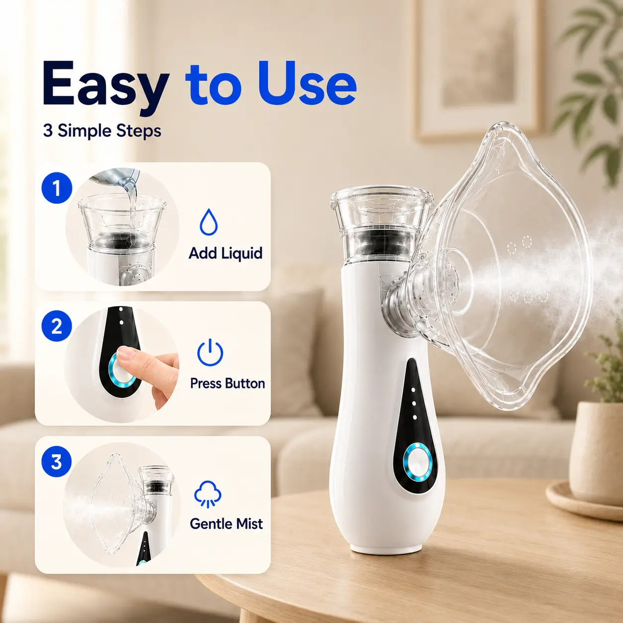 Portable Handheld Mesh Nebulizer—features USB charging, quiet operation, and fine mist output; includes masks for both adults and children; suitable for pets. This is a compact, self-cleaning nebulizer designed for home use, travel, and daily care.