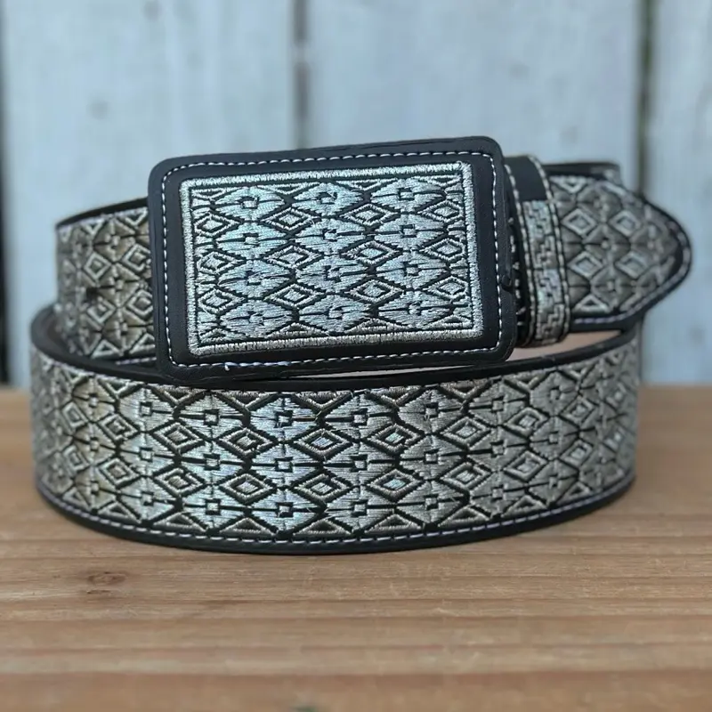 Black and Silver “Galante” Embroidered Belt with Rectangular Buckle | Western-Style Belts Made in México