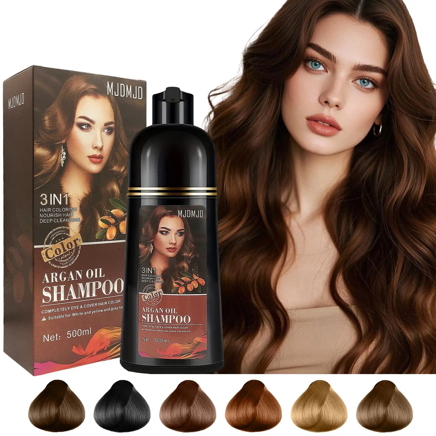 Argan Oil Hair Dye Shampoo 3-in-1 for Women & Men, Natural Herbal Hair Color Shampoo, Covers Gray Hair in 10–15 Minutes, Long-Lasting Color, Nourishing Hair Care, 500ml / 16.9 Fl Oz
