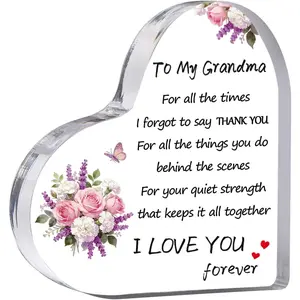 Gifts for Grandma from Grandkids, Best Birthday, Mothers Day Christmas Presents Ideas Heart Shaped Acrylic Block Plaque For Grandmother