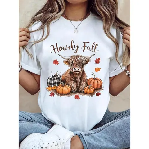 Thanksgiving Graphic Women T Shirt Howdy Fall Highland Cow Happy Thanksgiving Autumn Vibes Fall T-Shirt