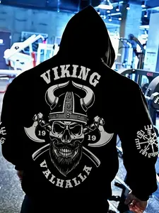 Men's Casual Hooded Sweatshirt, Skull Graphic Print, Fleece Lined, Loose Fit, Fall & Winter Fashion, Daily Wear, Outdoor Activities