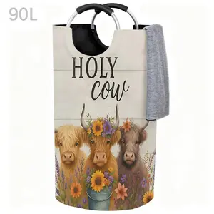 Highland Cow Laundry Basket With Padded Handle - Oversized Foldable Clothing Storage Basket, Portable Durable And Easy To Store, Adorable Laundry Basket, Suitable For Bathroom, Bedroom, Living Room, And Laundry Room Holiday Highland Cow Gift- 90L