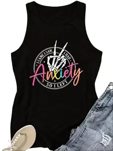 I Came I Saw I Had Anxiety So I Left Peace Skeleton Hand Rainbow Text Women Racerback Tank Top
