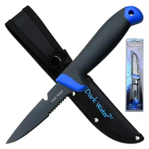 Dark Water Bait Knife 5" Partially Serrated PTFE Coated Stainless Steel Blade with Line Cutter comes with Carrying Case
