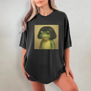 Holafish FUNNY FROG Vintage Washed Crew Neck Tee Heavyweight Regular Fit Casual Comfort Breathable Short Sleeve Funny T-shirts for Summer Fashion Men&Women's Top for Daily Wear 071505