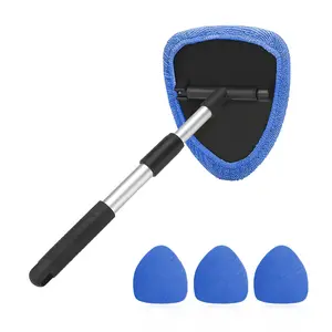 Windshield Cleaning Tool, Car Window Cleaner Windshield Cleaner With 4 Reusable And Washable Microfiber Pads And Extendable Handle Auto Inside Glass Wiper Kit (Dark Blue)