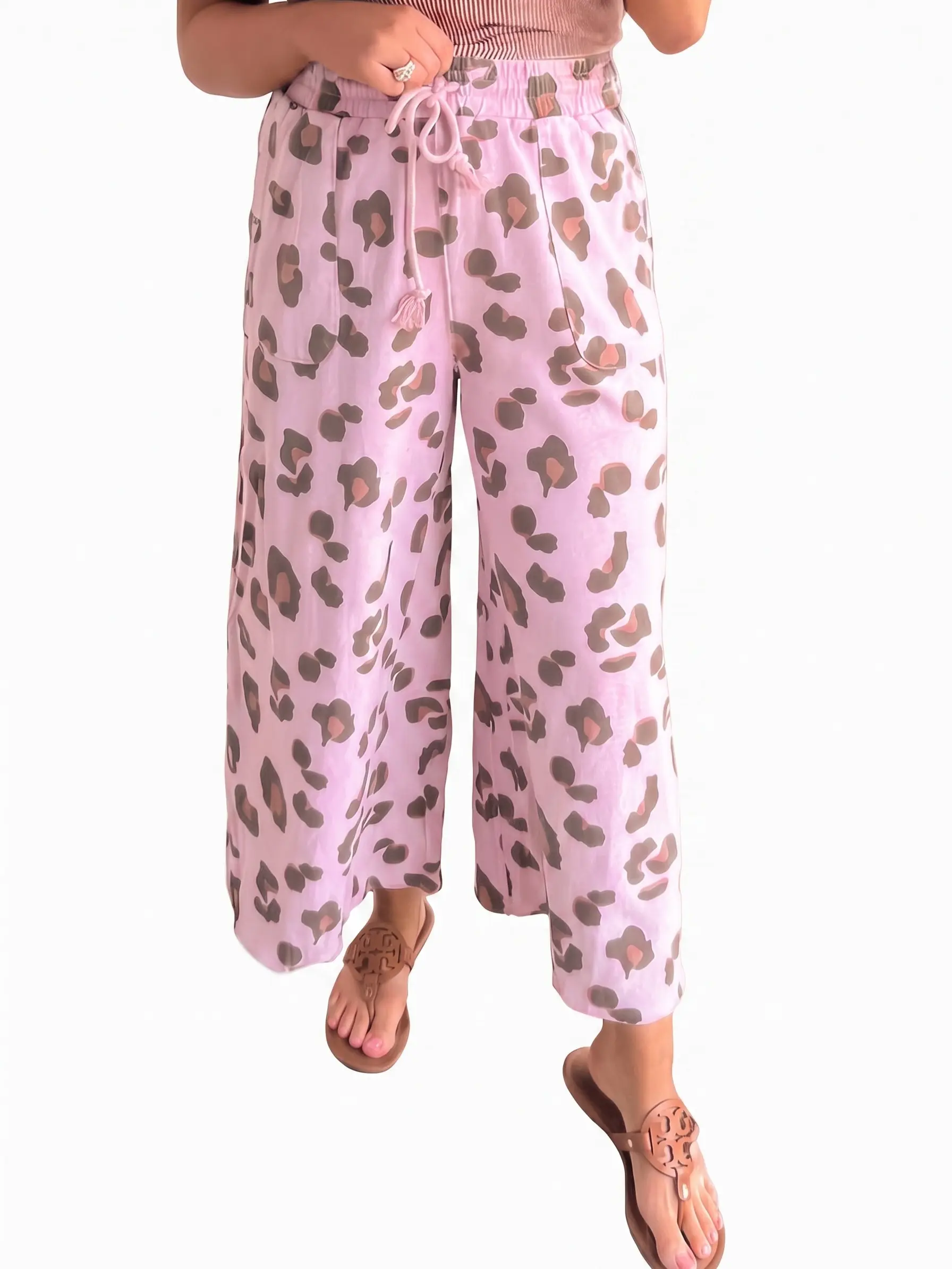 Women's Pink Leopard Print Wide Leg Pants High Waisted Drawstring Loose Lounge Trousers with Pockets