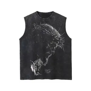 Men's Jesus Crown of Thorns Pattern Tank Top - Loose Fit 100% Cotton Distressed Black Christian Art Tank SpringStatements