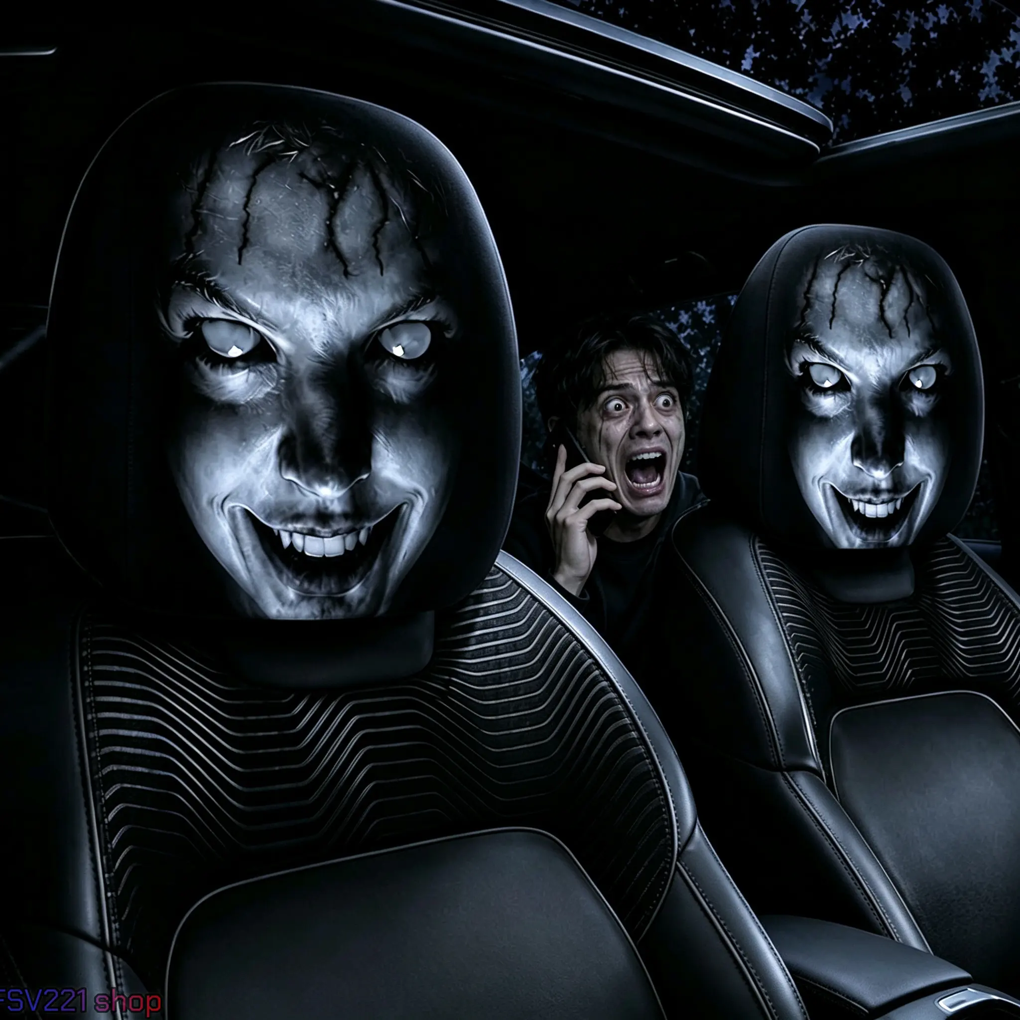 Spooky Ghost-Face Car Headrest Cover, Stretchy Double-Sided Automotive Decorative Accessories, Vehicle Decor for Halloween Pranks, Fashionable Car Interior Accessory
