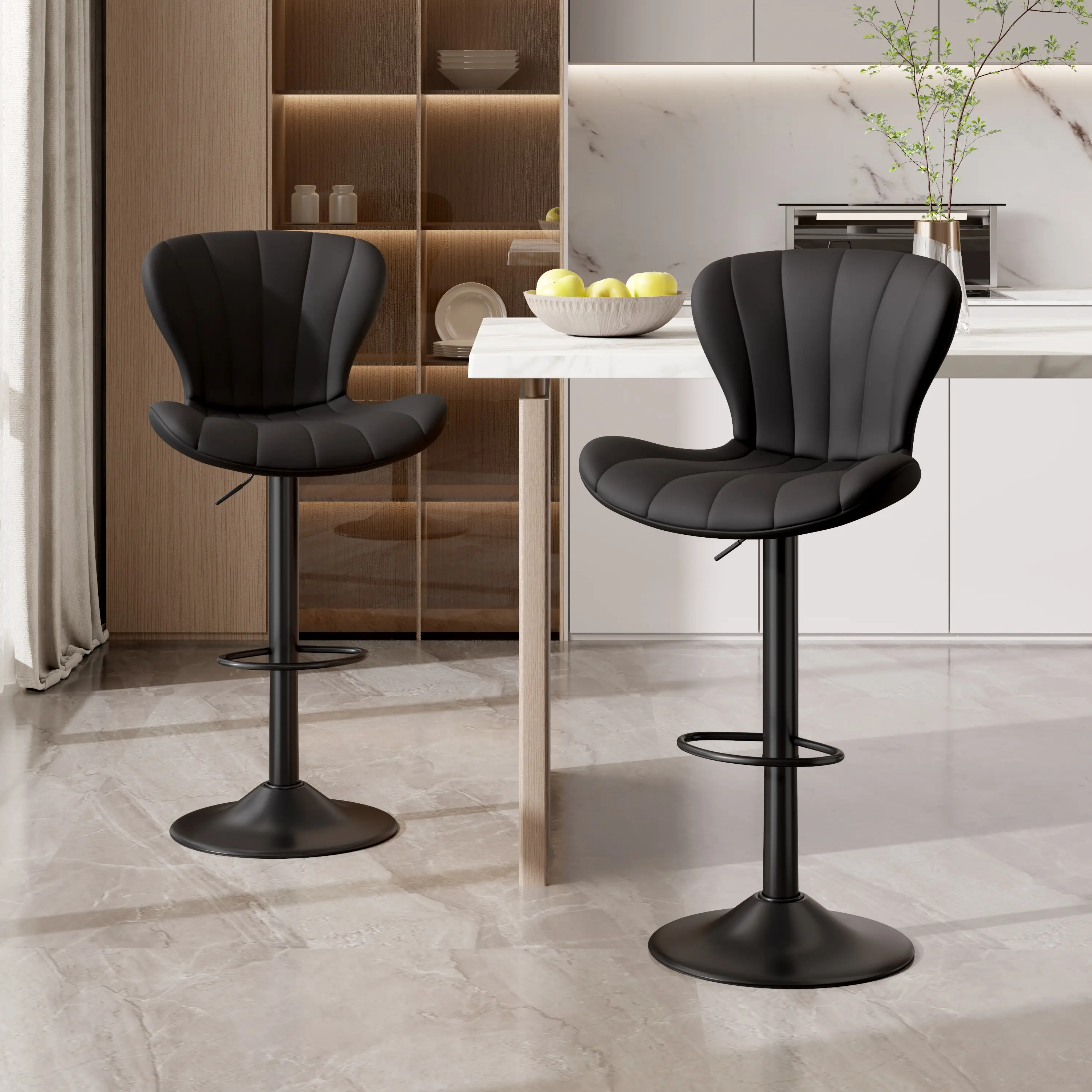 【Deals For You Days】Modern Bar Stools Set of 2 Faux Leather Upholstered Swivel Barstools Counter Height Bar Chairs Waterproof for Island Kitchen Black