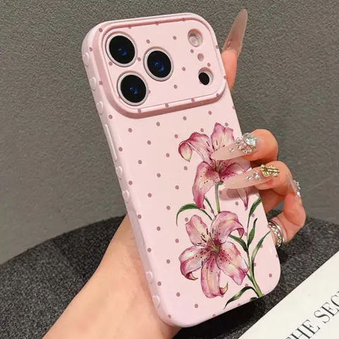 Pink Polka Dot Lily Flower Phone Case - Side Love Heart TPU Soft Shell Accessories for Customized iPhone Series Multi-Model 17/16/15/14/13 Pro Max Sizes, Cute Cottagecore Coquette Aesthetic Cover HL