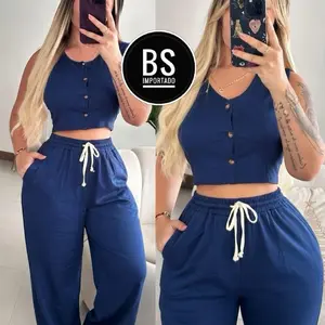 BS IMPORTADO Women's Navy Blue Crop Top & Drawstring Pants Set - Comfortable & Stylish Two-Piece Outfit
