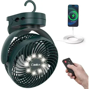 Camping Fan with Remote Control-12000mAh Rechargeable Battery Powered Fan, Camping Fans for Tents with LED light & Hanging Hook, Rechargeable Battery Operated Ceiling Fans for Tent, RV, Bed, Green