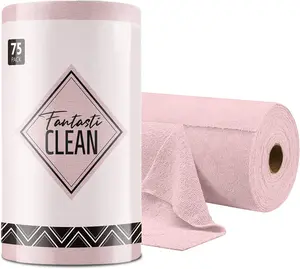 Cleaning Cloth Roll -75 Pack, Tear Away Towels, 12" x 12", Reusable Washable Rags (Pink)