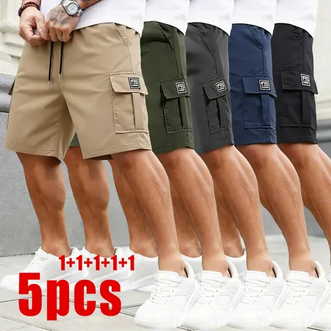 Men’s 5-Pack Quick-Dry Cargo Shorts - Lightweight Multiple Pockets Mid-Waist Elastic Drawstring Waist Loose-Fit Work Shorts for Outdoor Hiking, Casual Look with Cargo Utility, Baggy Style