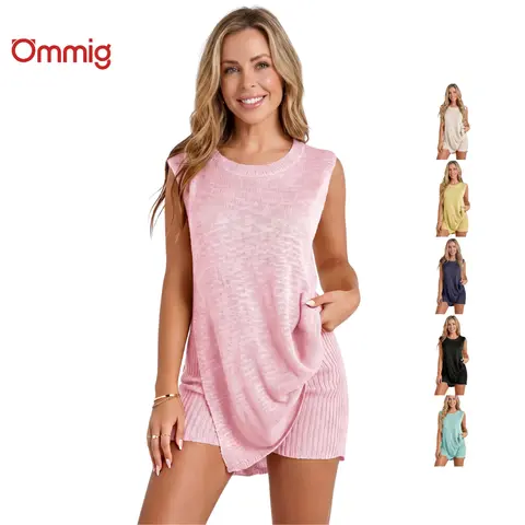 Ommig Women's 2-Piece Knitted Fashion Lounge Set - Acrylic Boat Neck Sleeveless Sweater Tunic Top, High-Waisted Ribbed Shorts, Chic Street Tracksuit Loungewear