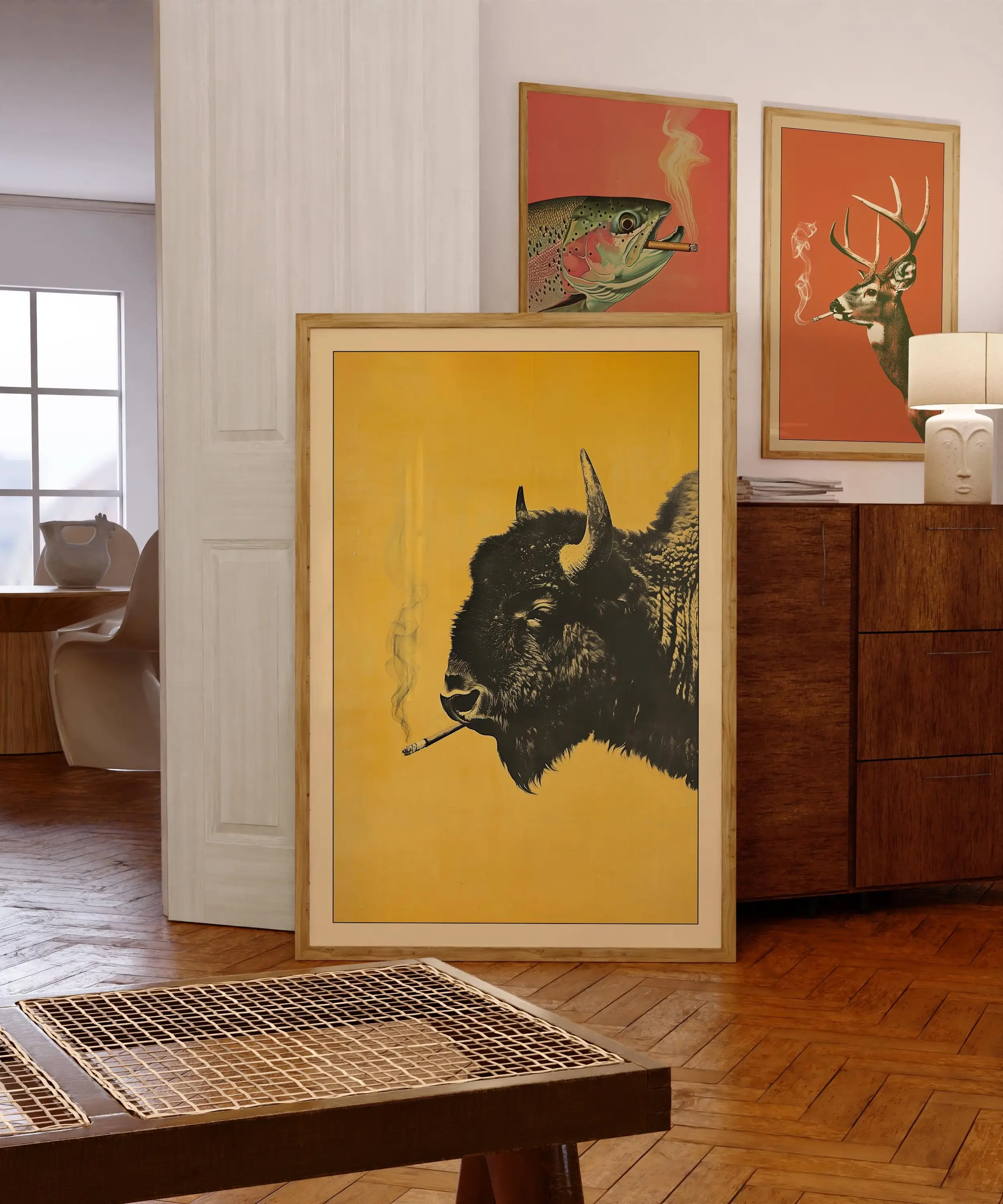 Bison Smoking a Cigarette Vintage Poster Unframed  Art Funny Buffalo Retro Whimsical Print Cabin Wall Decor Outdoor Sports Hunter