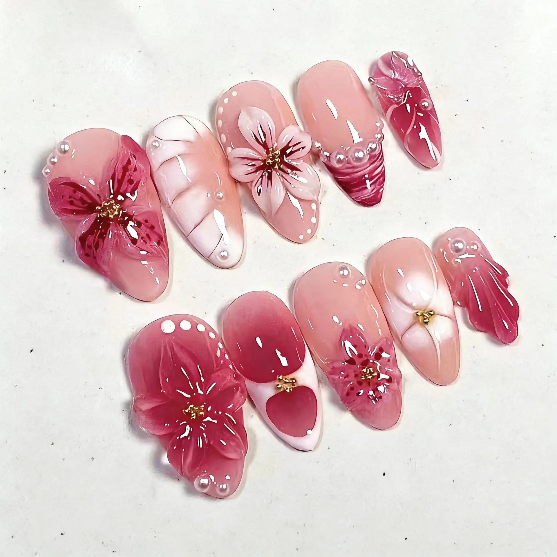 Handmade Almond Nail Art Set, Nail Art Design, Nail Designs, 3D Cute Flower Butterfly Pearl Nails, Press-On False Nails for Girls, Nail Art Products, Includes Jelly Glue & File Kit