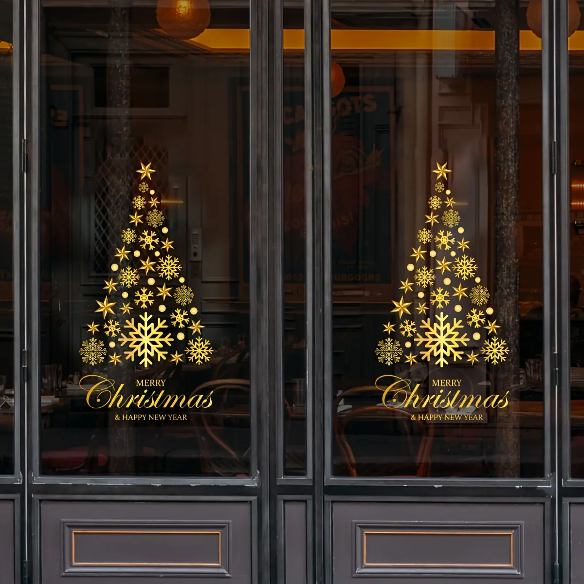 Gold Snowflake Christmas Tree Window Sticker, Luxury Holiday Style Vinyl Self-Adhesive Removable DIY Decoration for Home Shop Showcase