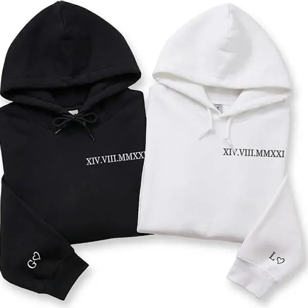 Custom Roman Numeral Hoodie – Matching Couple Gift – Personalized Date Embroidery for Boyfriend Girlfriend, Valentine's Day, Mother's Day, Birthday Gift