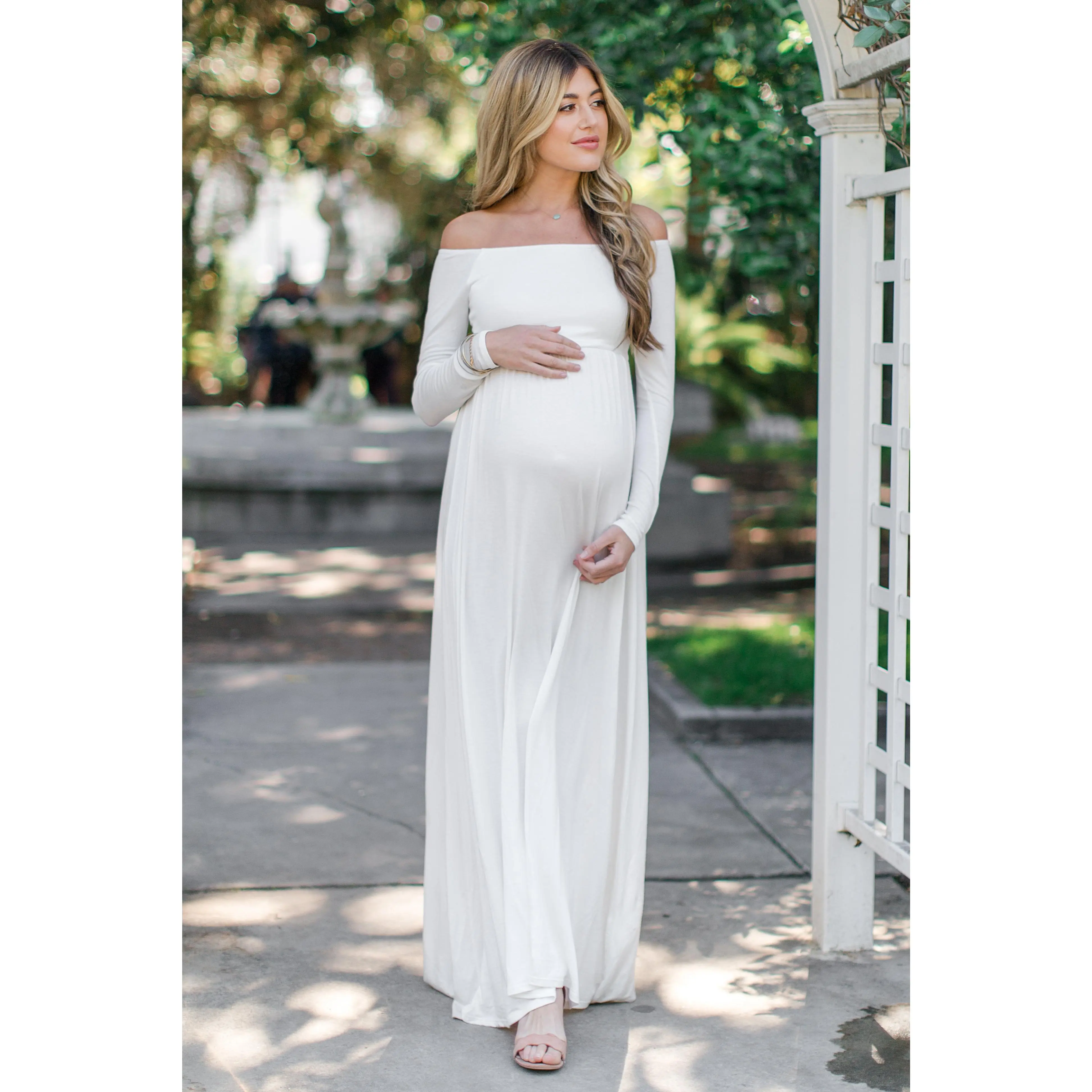 PinkBlush Petite Ivory Solid Off Shoulder Maternity Maxi Dress, Maternity Shoot Outfits, Pregnancy Outfits, Romantic